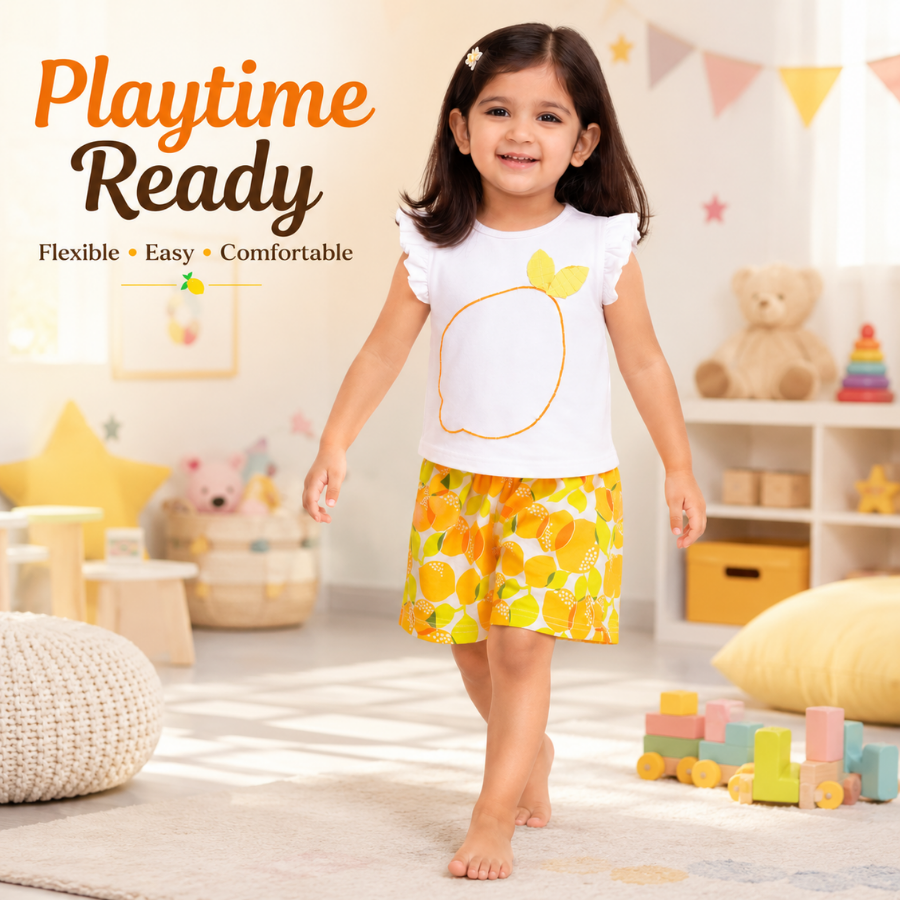 White Lemon Print Top & Shorts Set for Girls