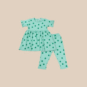 Cute Flower Print Dress With Leggings Set-Green