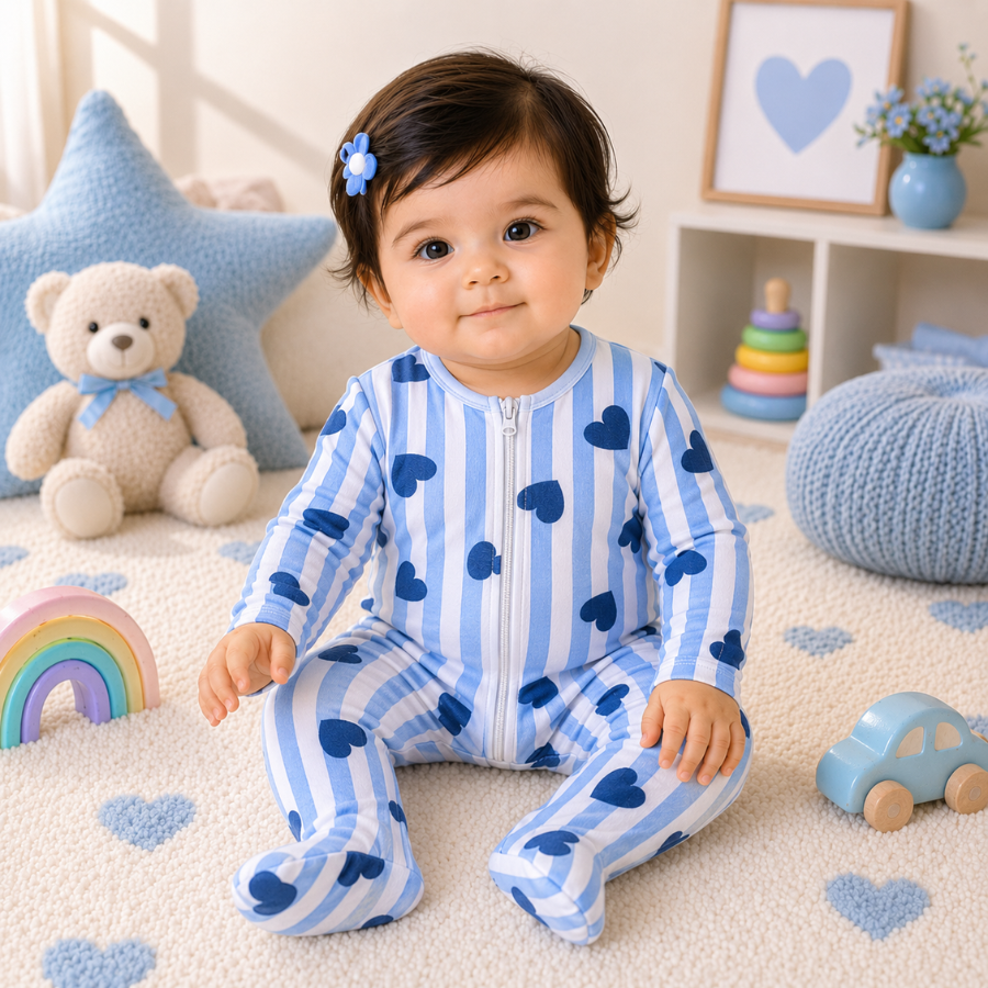 Baby Blue Stripe Heart Print Sleepsuit