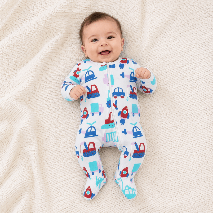 Baby Cotton Vehicle Print  Romper with Zip Closure – Full Sleeves