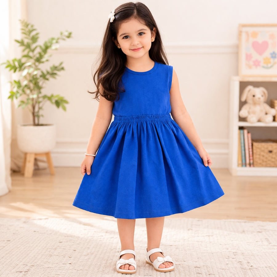 Royal Blue Solid Sleeveless Style Dress For Girls