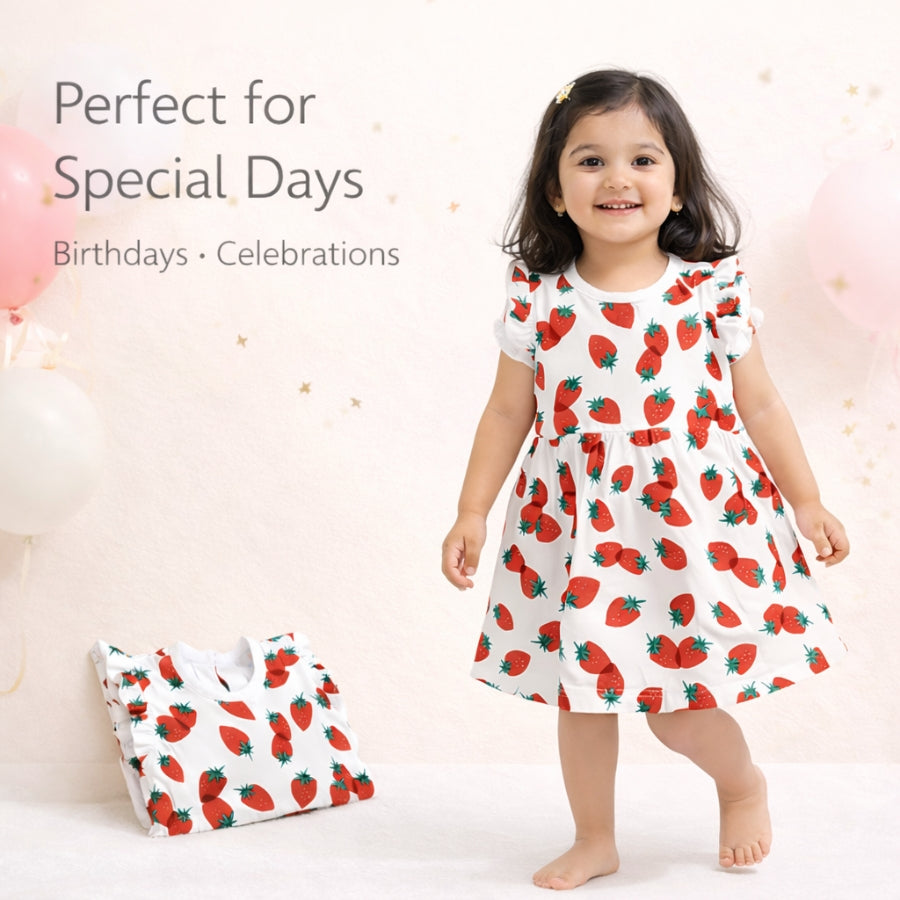 White Strawberry Print Dress with Frill Sleeves For Girls