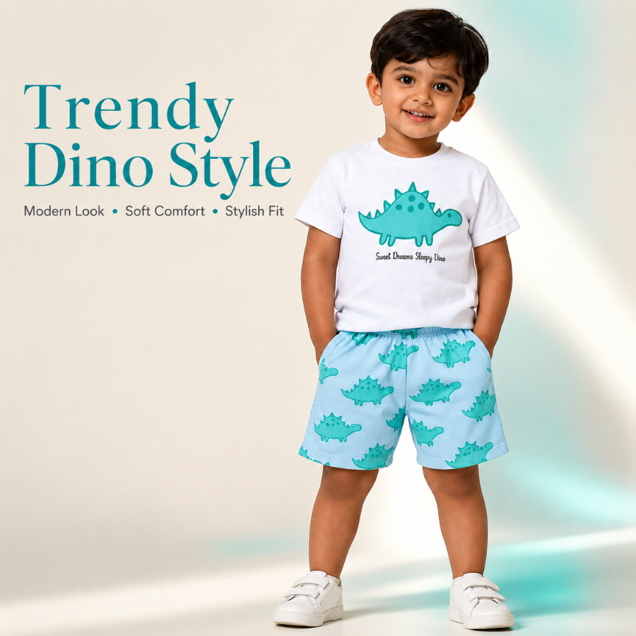 Kids Cotton Interlock 2-Pack T-Shirt & Shorts Set – Dinosaur Print Summer Co-ord Combo