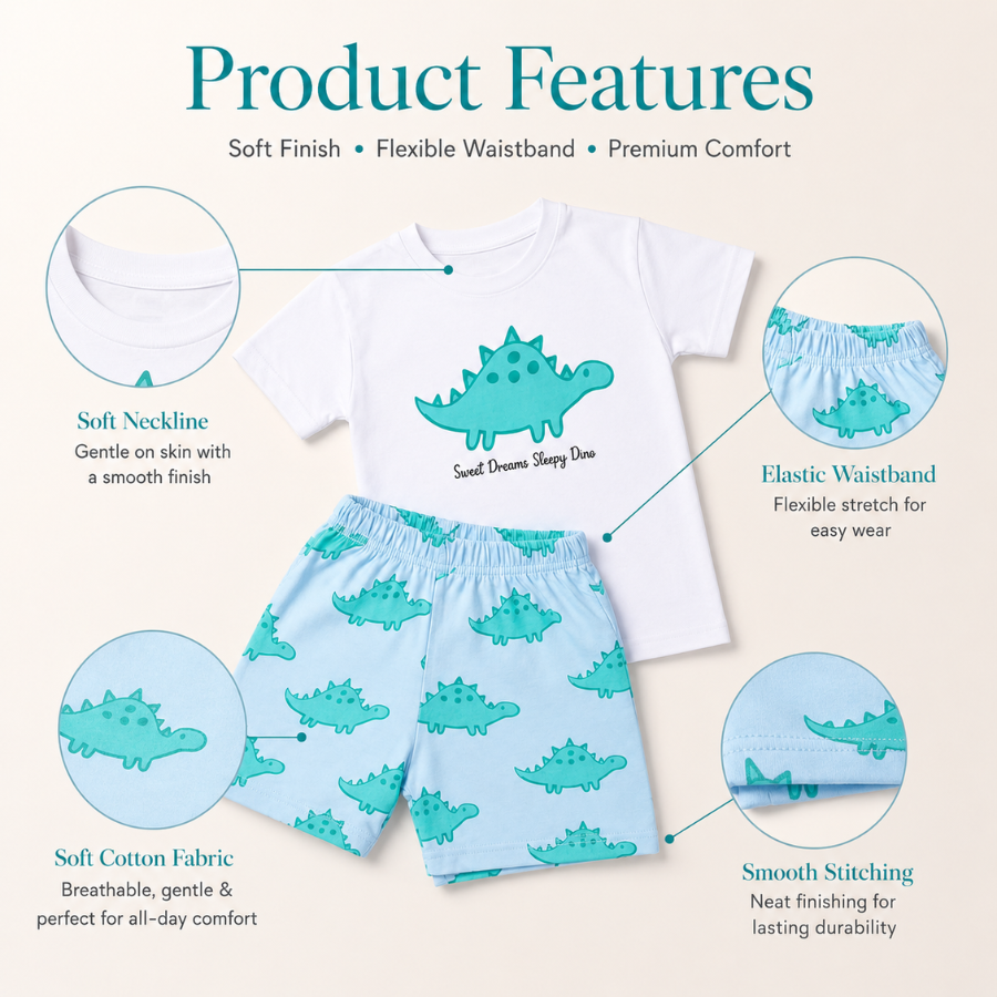 Kids Cotton Interlock T-Shirt & Shorts Set – Dino Graphic Summer Co-ord Outfit