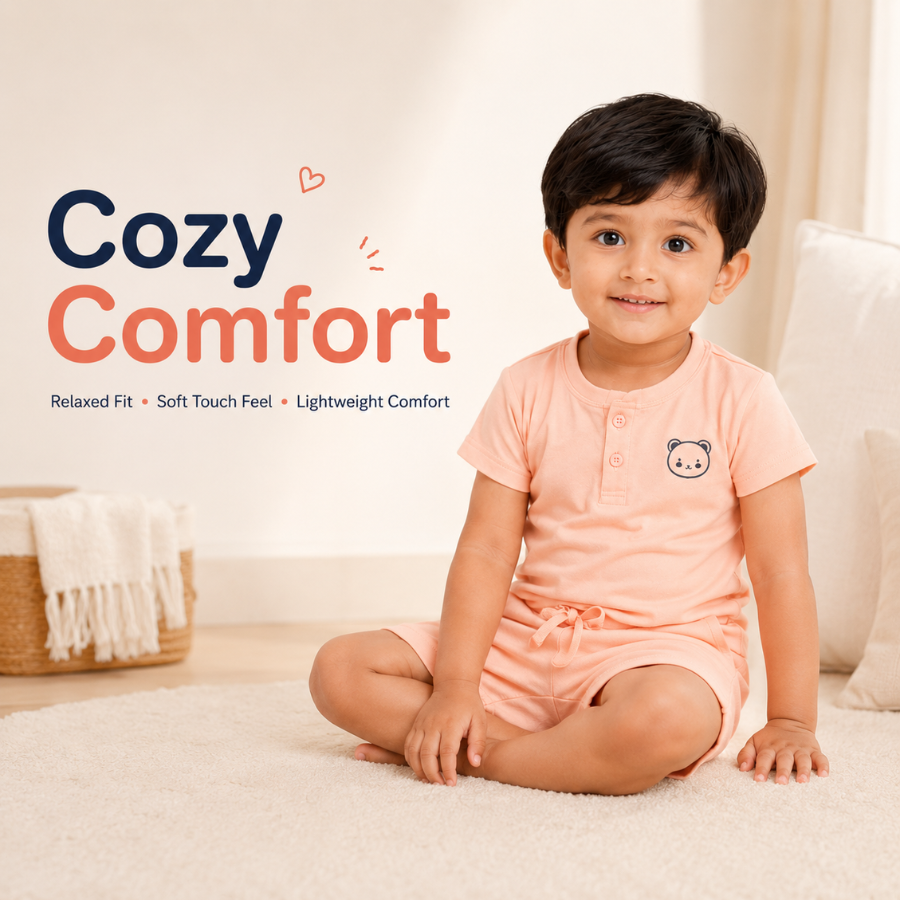 Boys Henley Neck Peach Bear Print T-Shirt & Shorts Set