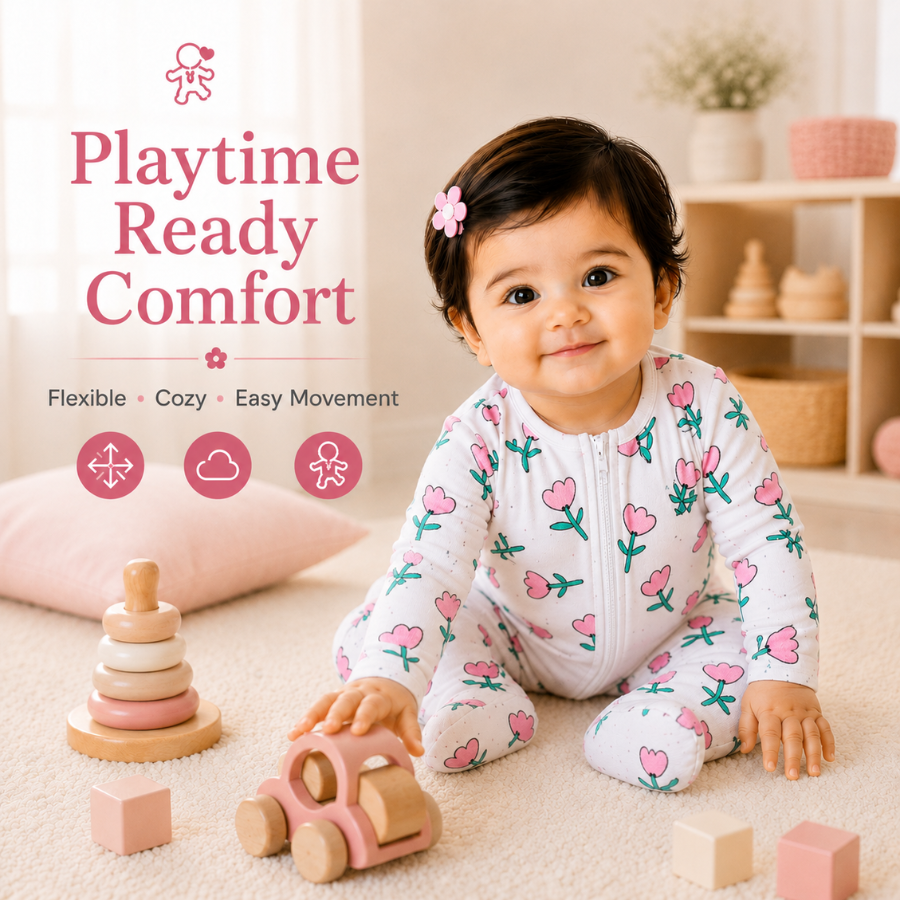 Baby Pink Floral Print Cotton Zip-Up Romper