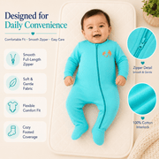 Sea Blue Full Sleeves Baby Romper with Front Zip and Palm Print