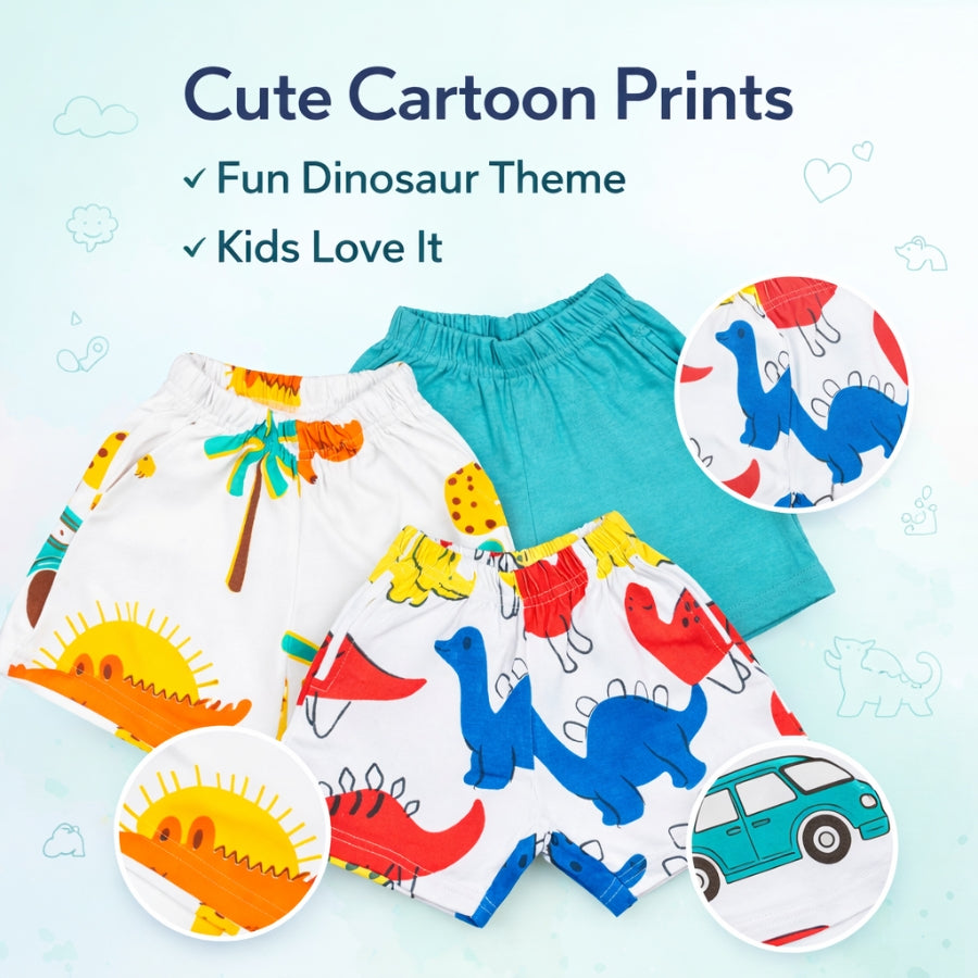 Boys Cotton Shorts Dino & Jungle Print - (Pack of 3)