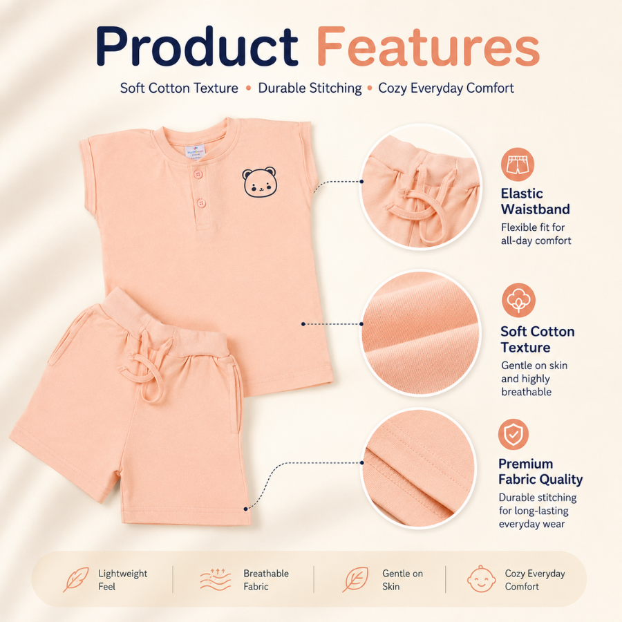 Boys Henley Neck Peach Bear Print T-Shirt & Shorts Set