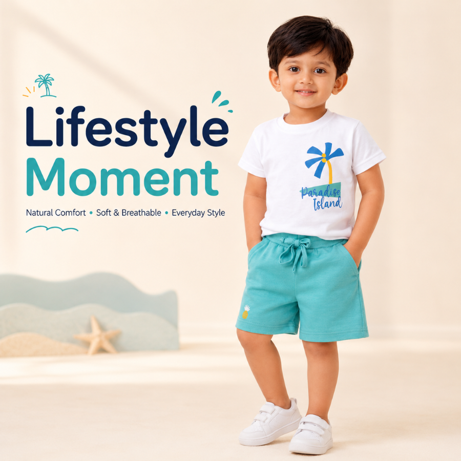 Kids Cotton Interlock 2-Pack T-Shirt & Shorts Set – Tropical Print Summer Co-ord Combo