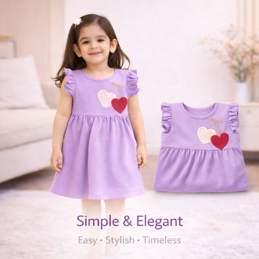 Lavender Heart Printed Frill Sleeves Dress For Girls