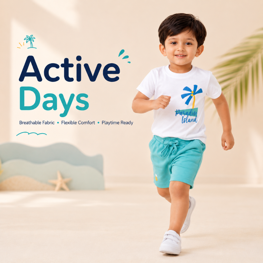 Kids Cotton Interlock 2-Pack T-Shirt & Shorts Set – Tropical Print Summer Co-ord Combo