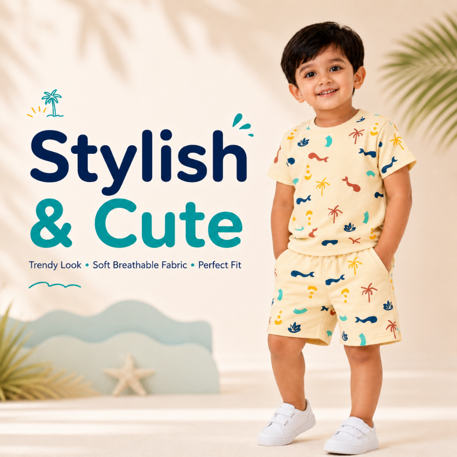 Kids Cotton Interlock 2-Pack T-Shirt & Shorts Set – Tropical Print Summer Co-ord Combo