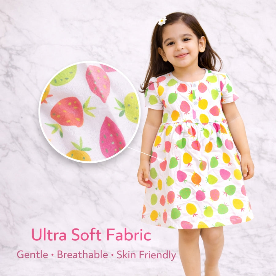 Strawberry Print Multicolor Short Sleeve Dress For Girls