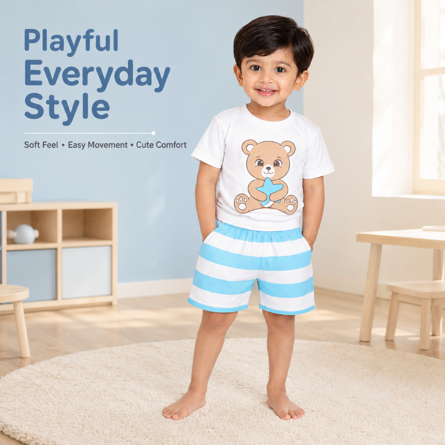 Boys Bear Print T-Shirt & Shorts Combo Set (Pack of 2)