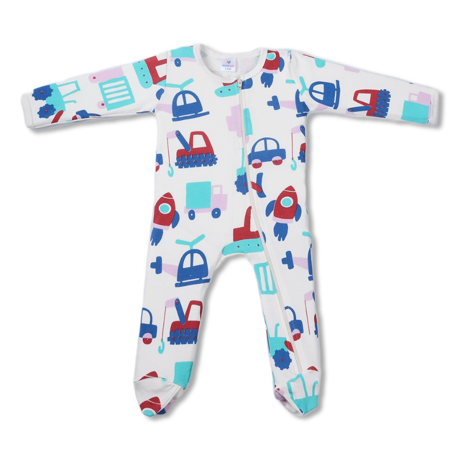 Baby Cotton Vehicle Print  Romper with Zip Closure – Full Sleeves