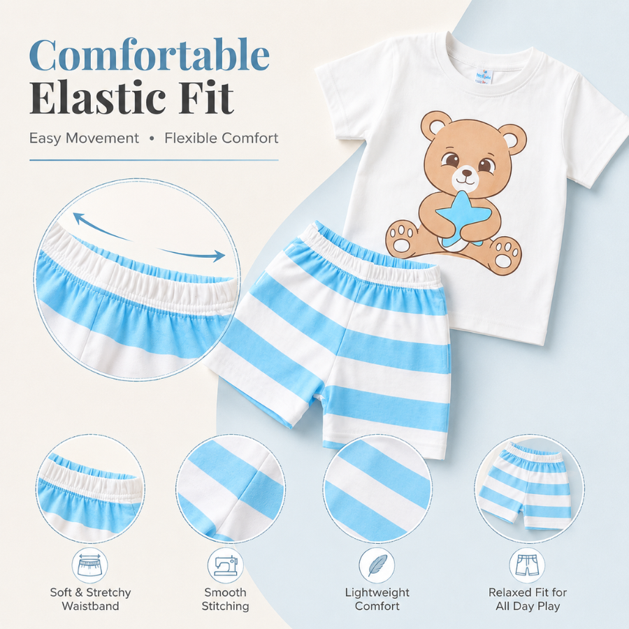 Boys Bear Print T-Shirt & Shorts Combo Set (Pack of 2)