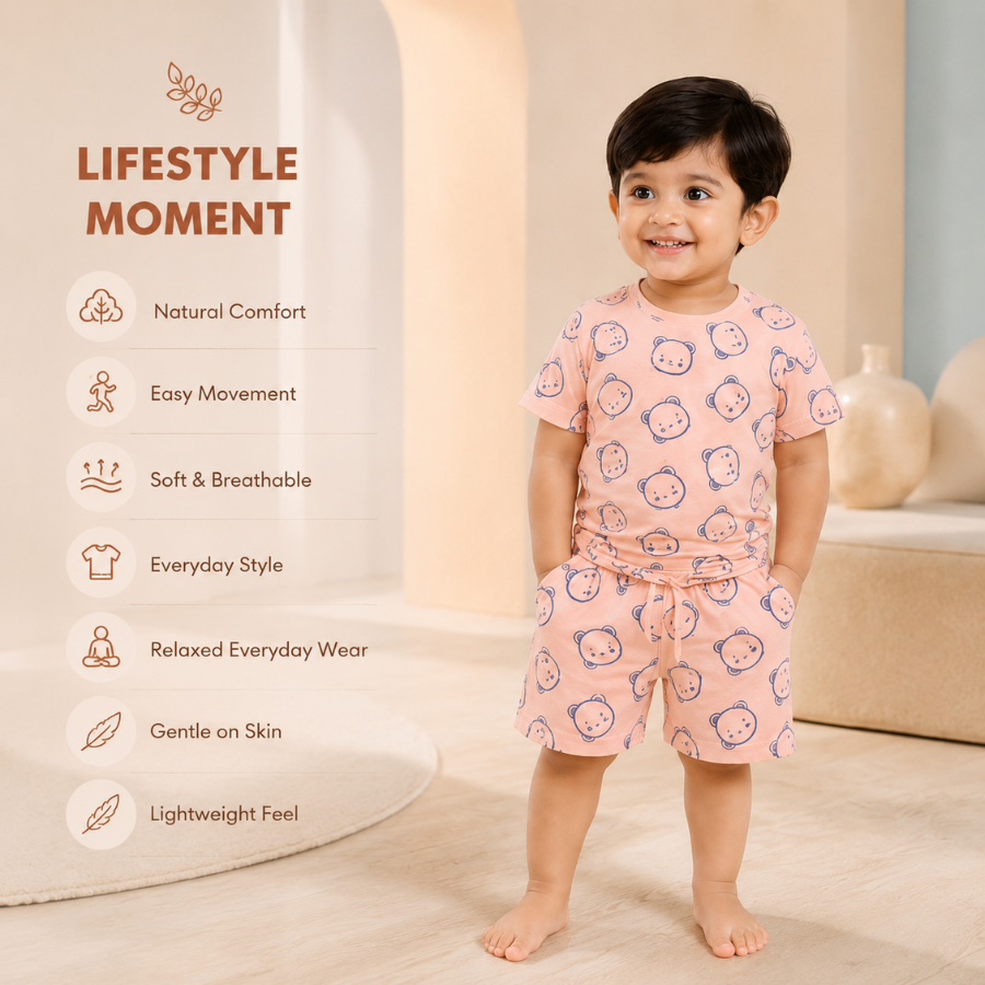 Boys Bear Print T-Shirt & Shorts Combo Set (Pack of 2)