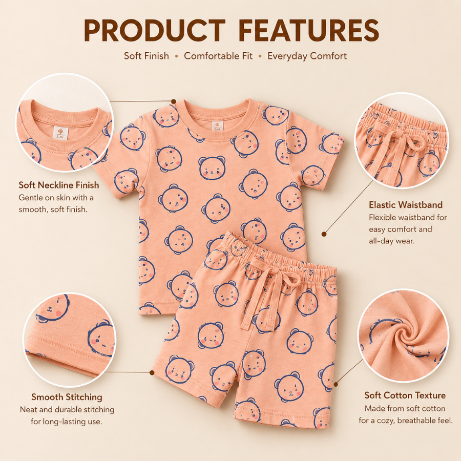 Boys Bear Print T-Shirt & Shorts Combo Set (Pack of 2)