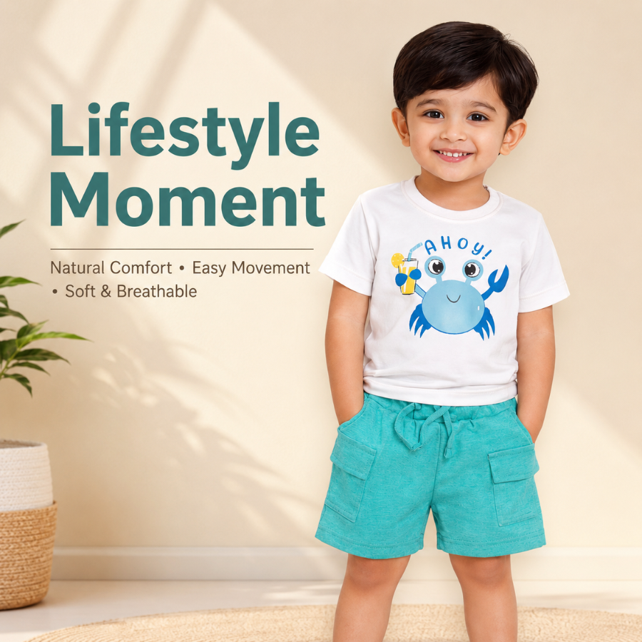 Boys Cotton Crab Print T-Shirt & Shorts Set