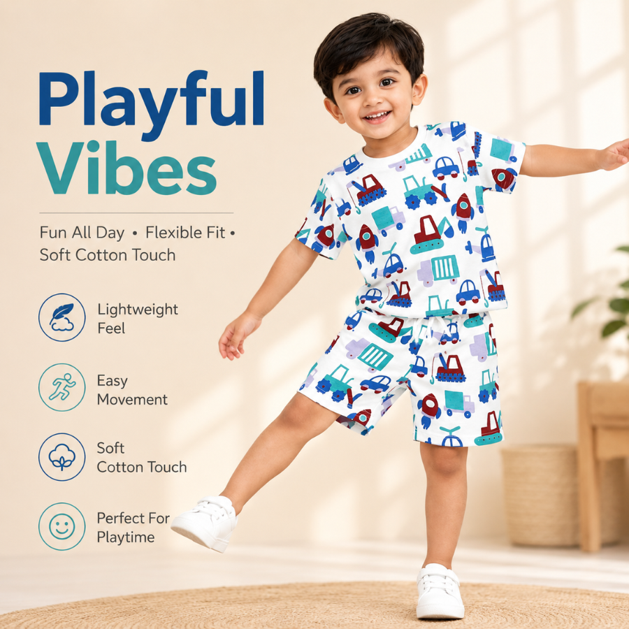 Boys Cotton Vehicle Print Co-ord Outfit