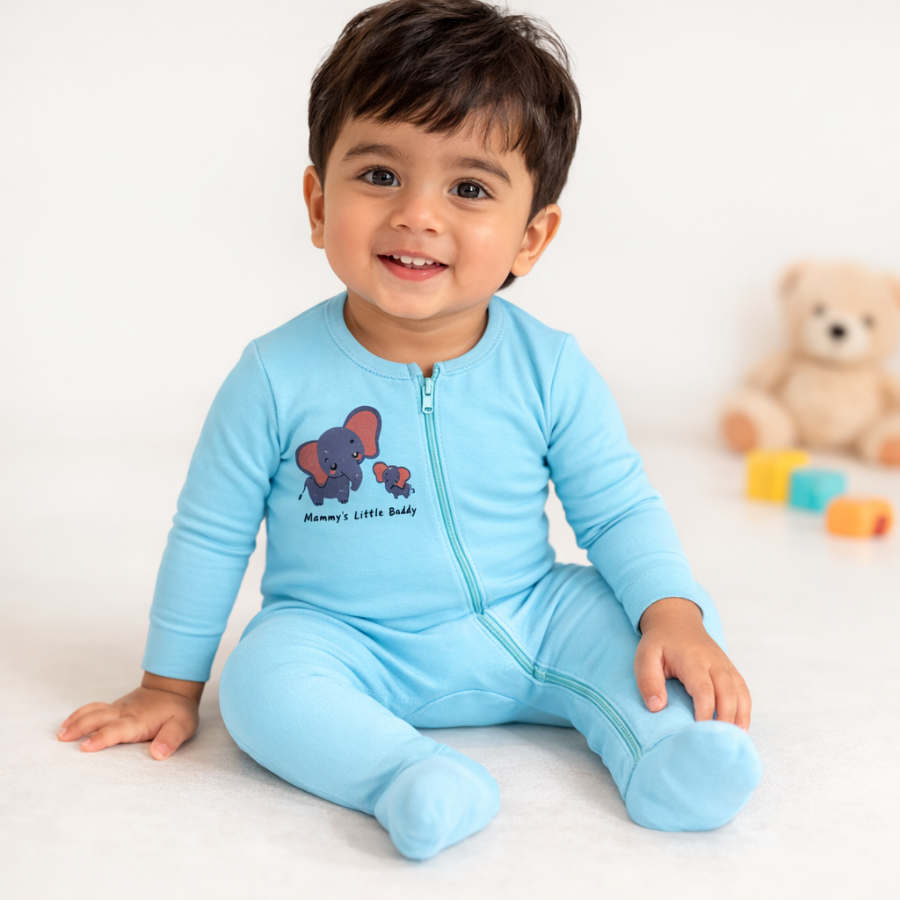 Baby Cotton Elephant Print Light Blue Full Sleeve Romper With Zipline