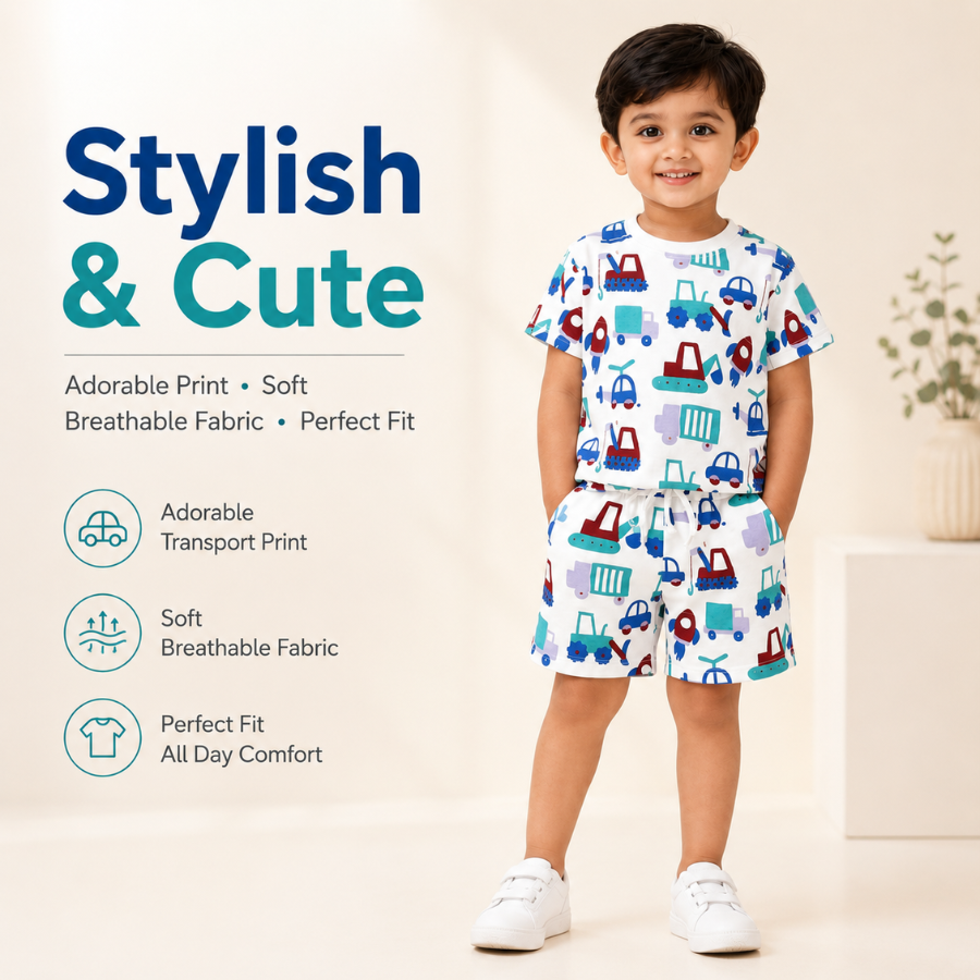 Boys Cotton Vehicle Print Co-ord Outfit