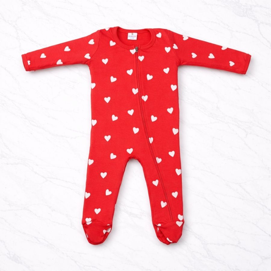 Baby Deep Pink Heart Print Zipper Romper
