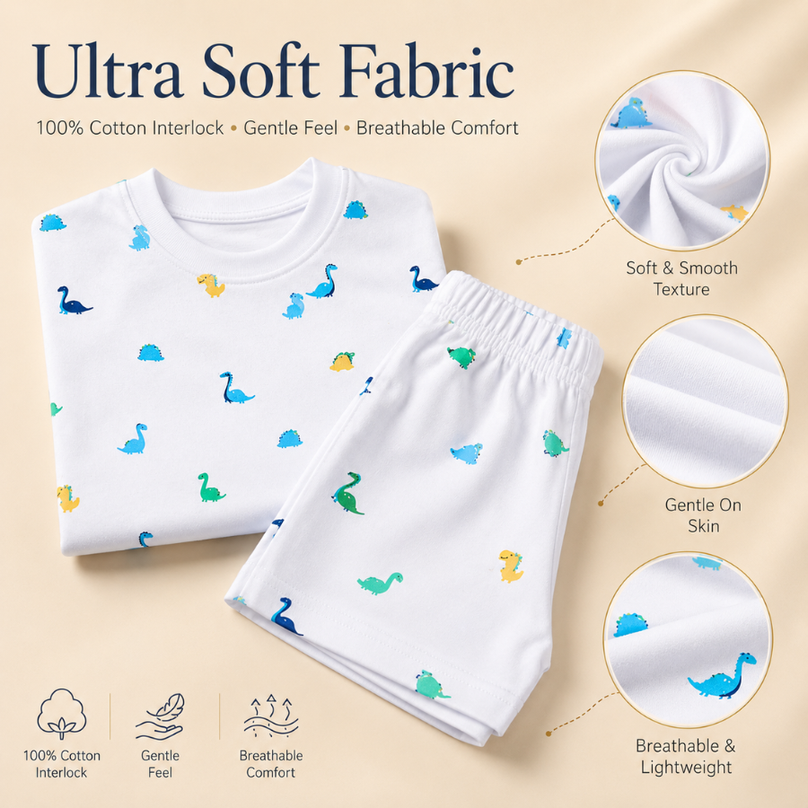 Kids Cotton Interlock 2-Pack T-Shirt & Shorts Set – Dinosaur Print Summer Co-ord Combo