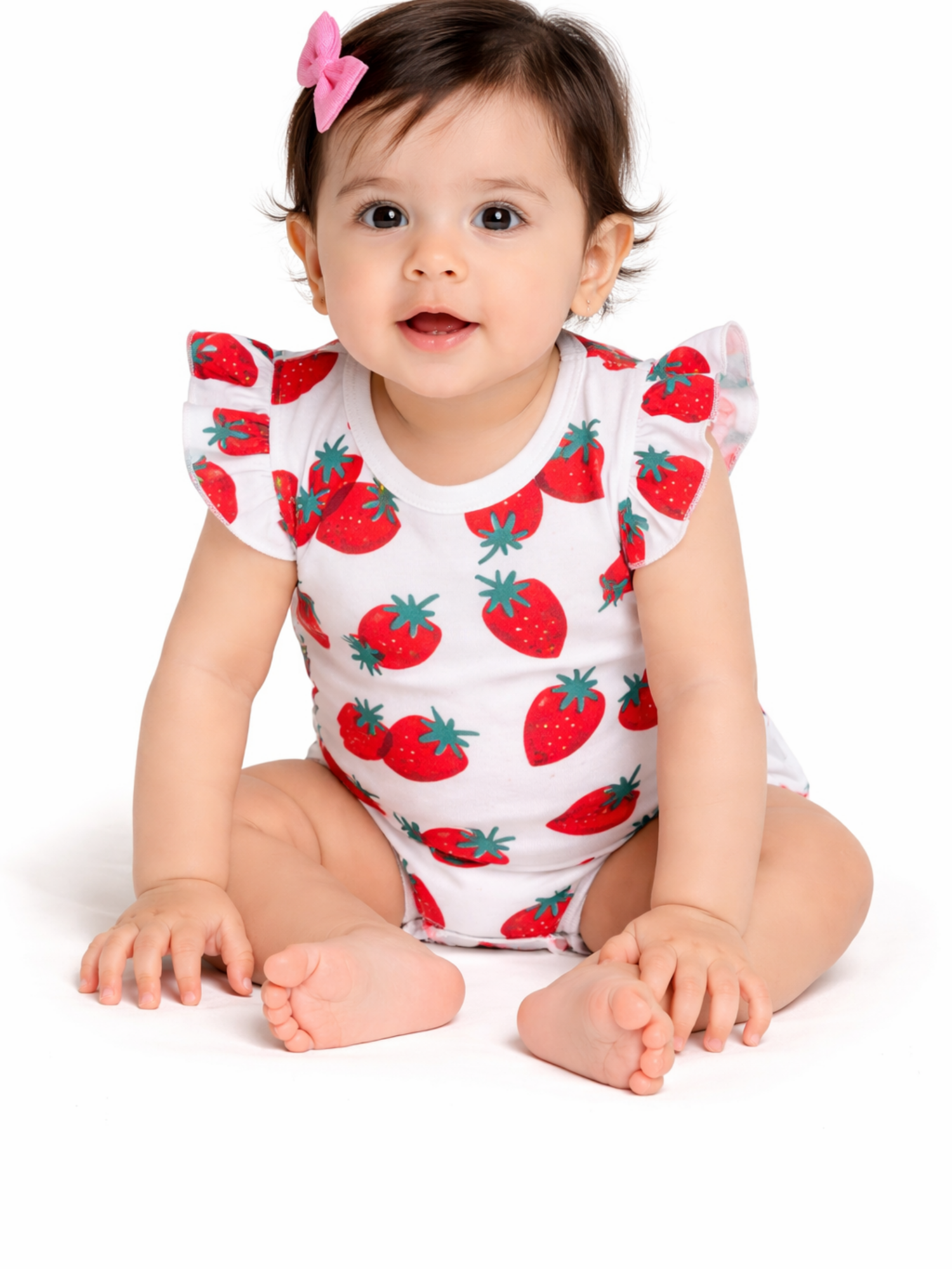 Baby Girl Strawberry Print Cotton  Ruffle Sleeve Romper