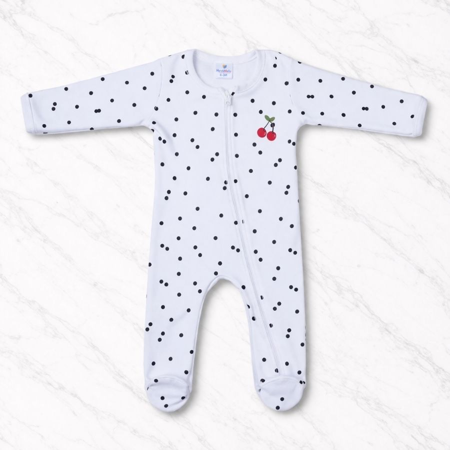 White Cherry Print Baby Cotton Zip-Up Romper