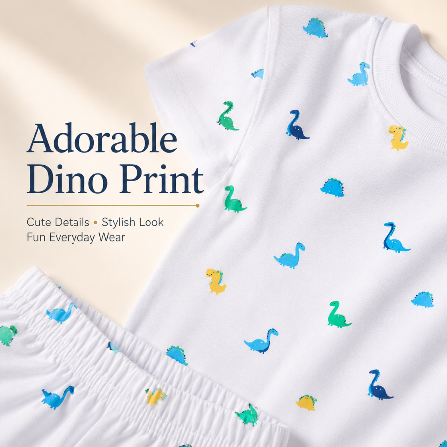 Kids Cotton Interlock 2-Pack T-Shirt & Shorts Set – Dinosaur Print Summer Co-ord Combo