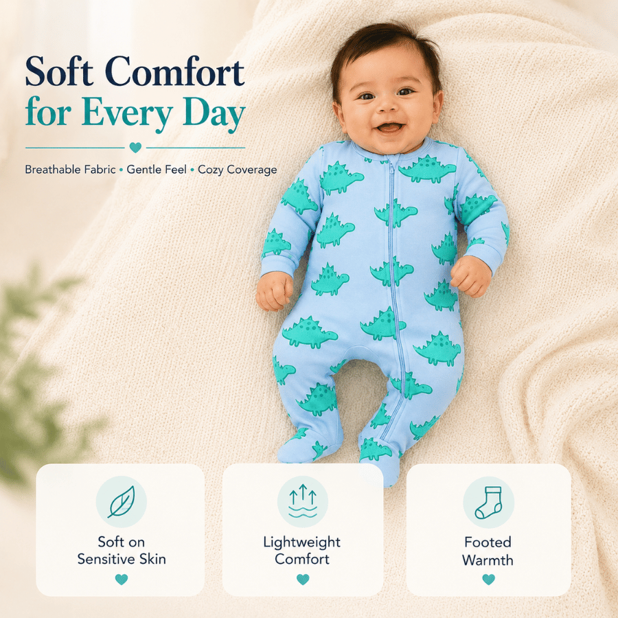 100% Cotton-Interlock Baby Romper with Dino Print & Zip Closure – Full Sleeves