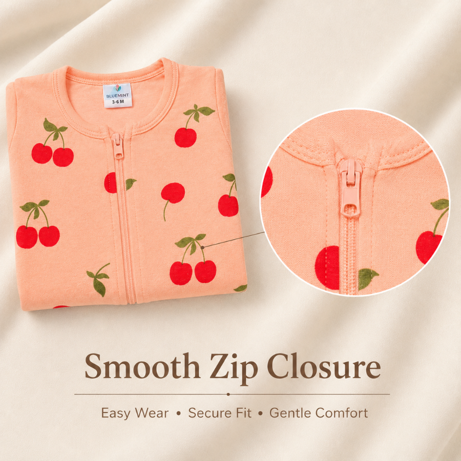 Peach Cherry Print Baby Cotton Zip-Up Romper