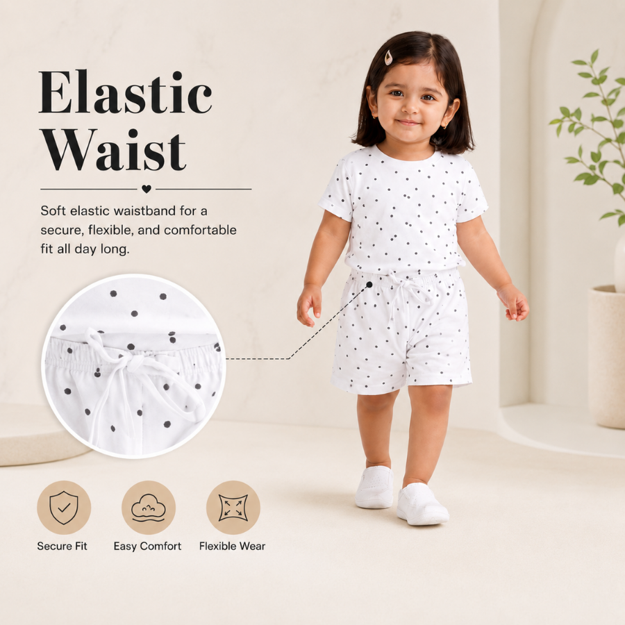 Girls Cotton Dot Printed Co-Ord Set –White