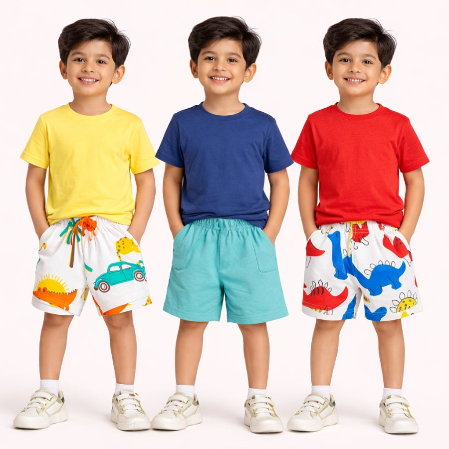 Boys Cotton Shorts Dino & Jungle Print - (Pack of 3)