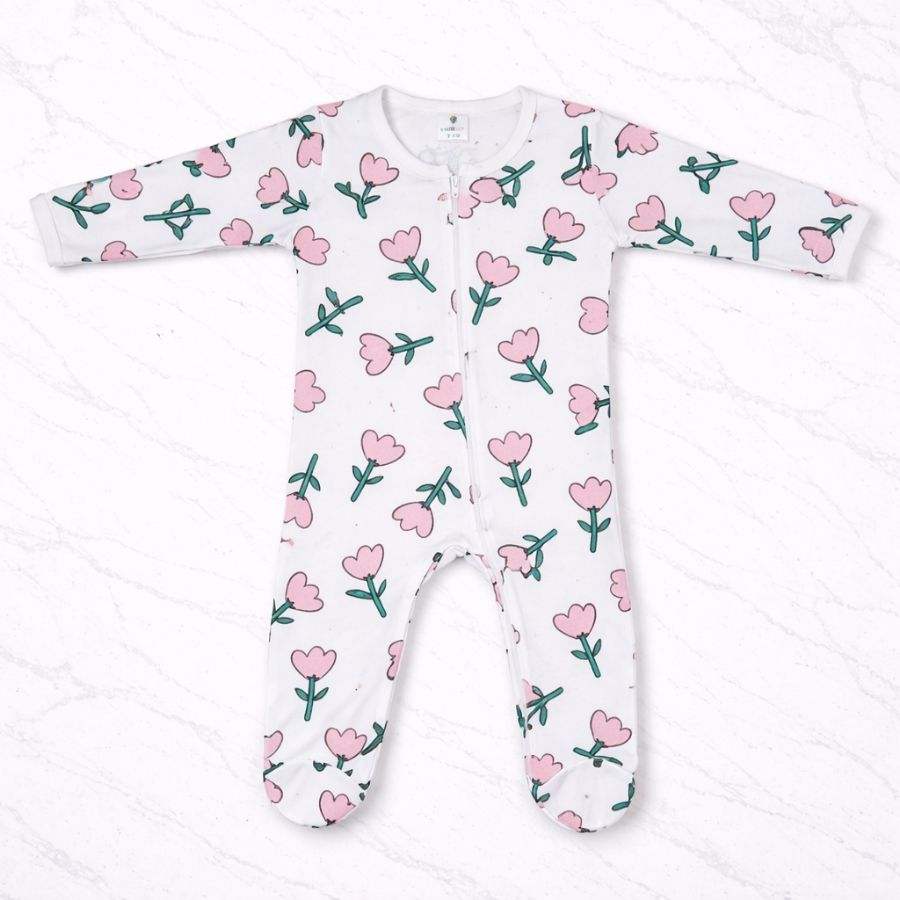 Baby Pink Floral Print Cotton Zip-Up Romper