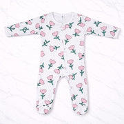 Baby Pink Floral Print Cotton Zip-Up Romper