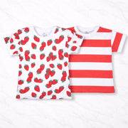 Girls Cotton T-Shirt Combo (Pack of 2) – Strawberry Print & Red Striped