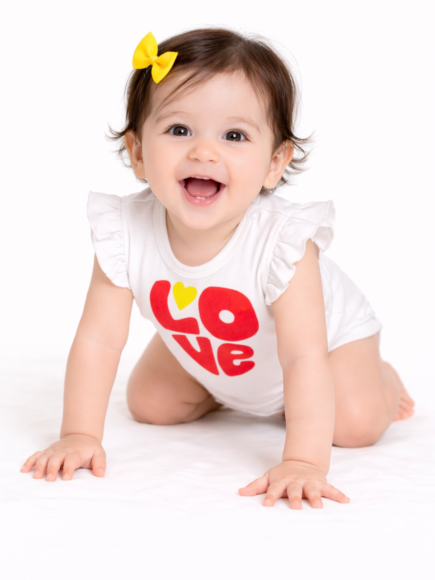 Baby Girl “Love” Print Cotton White Ruffle Sleeve Romper