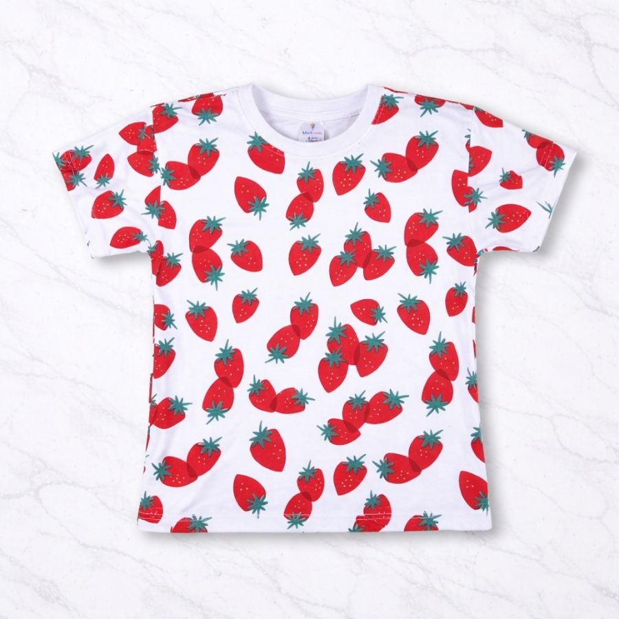 Girls Cotton T-Shirt Combo (Pack of 2) – Strawberry Print & Red Striped
