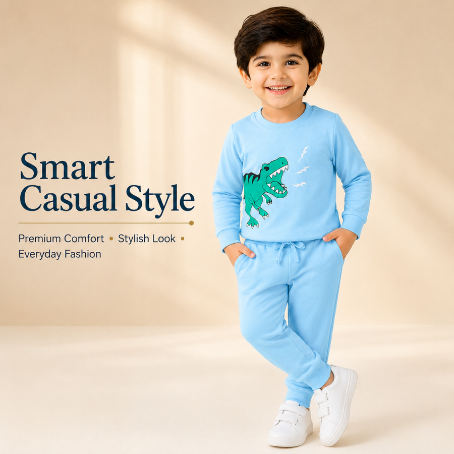 Light Blue Dinosaur Print Kids T-Shirt and Jogger Set