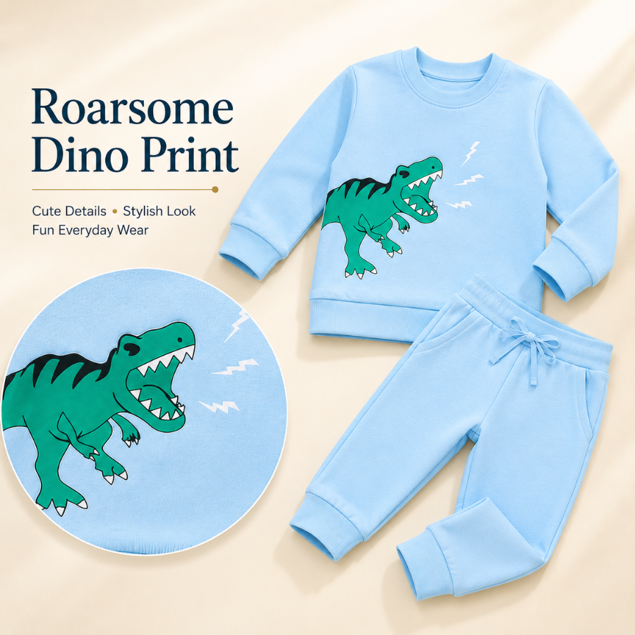 Light Blue Dinosaur Print Kids T-Shirt and Jogger Set