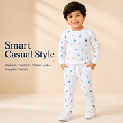 White Dino Print Kids Co-Ord Set – Full Sleeve Top & Jogger Pants