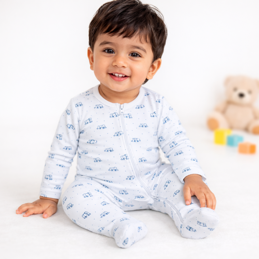 Baby Cotton Elephant Print Romper with Zip Closure – Full Sleeves(Pack of 2)