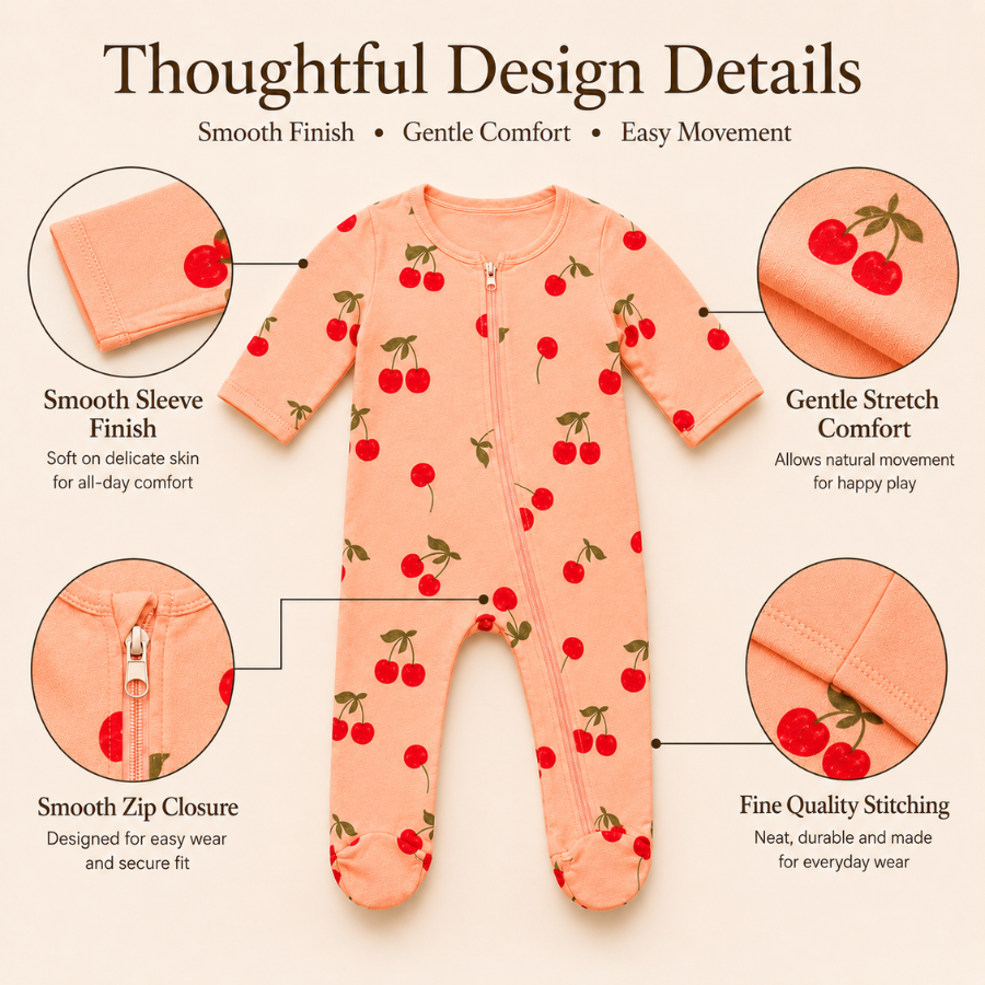Peach Cherry Print Baby Cotton Zip-Up Romper
