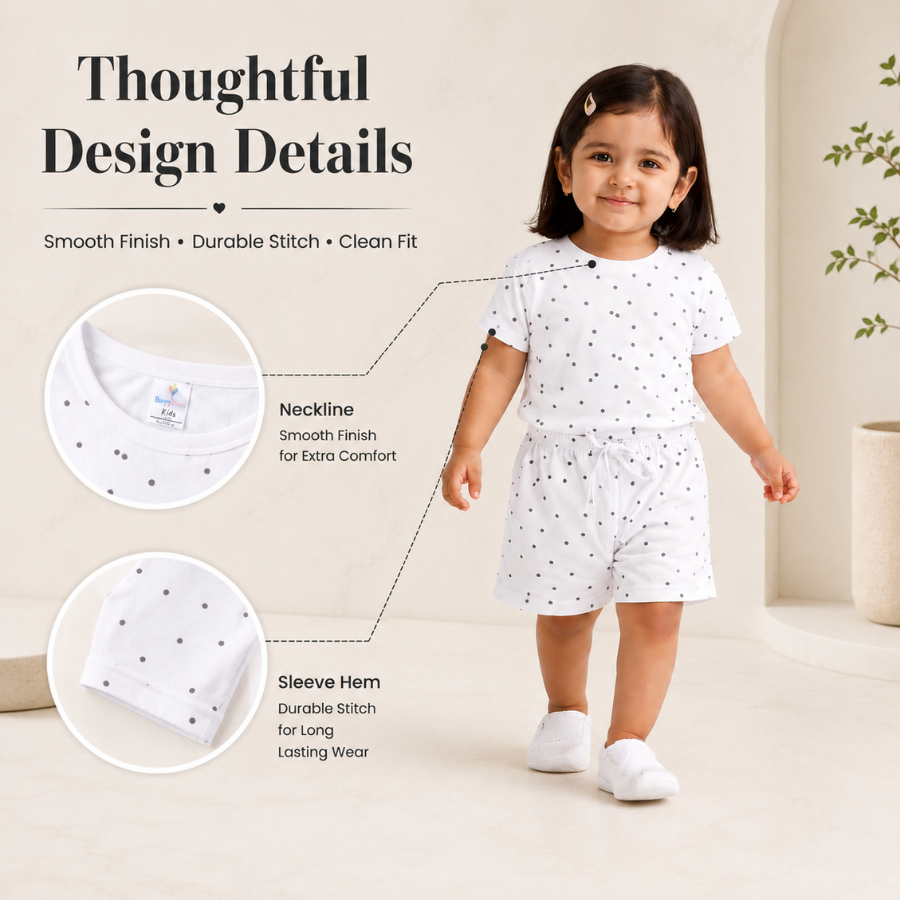 Girls Cotton Dot Printed Co-Ord Set –White