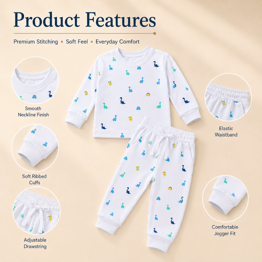 White Dino Print Kids Co-Ord Set – Full Sleeve Top & Jogger Pants