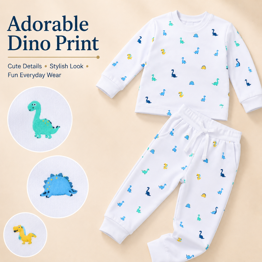 White Dino Print Kids Co-Ord Set – Full Sleeve Top & Jogger Pants