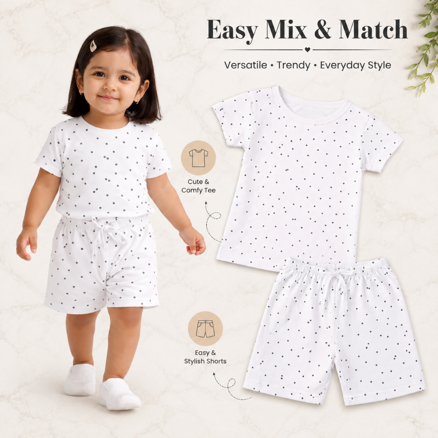 Pink and White Printed Co-ord Style T-Shirt & Shorts Set For Girls